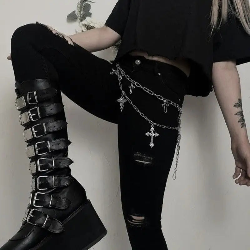 High Platform Metal Buckle Wedges Gothic Boots Euro Size