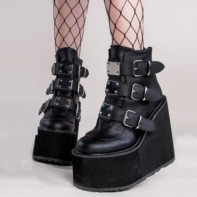 High Platform Metal Buckle Wedges Gothic Boots Euro Size