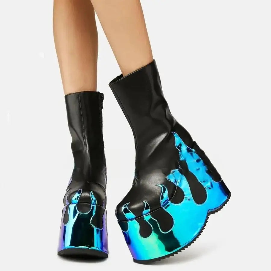 High Platform Round Toe Mid Calf Boots Euro Size