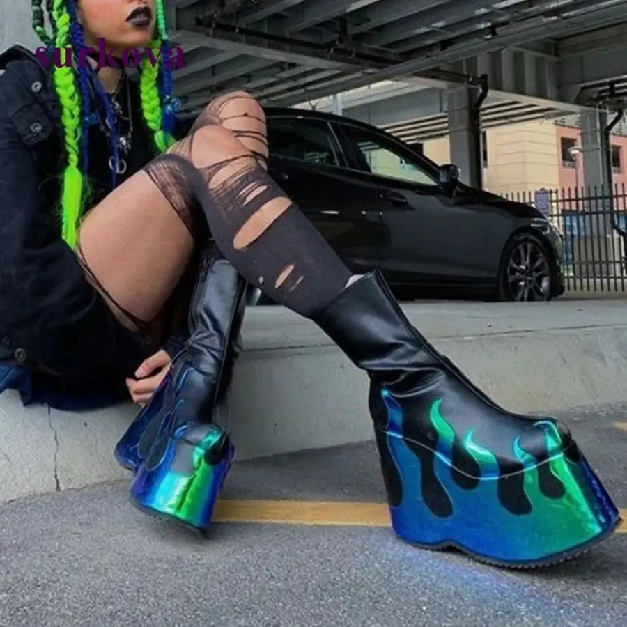 High Platform Round Toe Mid Calf Boots Euro Size Green Blue