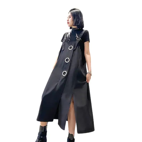 High Split Black Overalls Dress with Straps