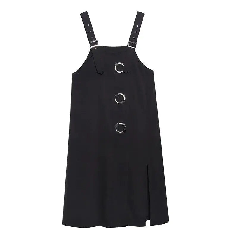 High Split Black Overalls Dress with Straps - M