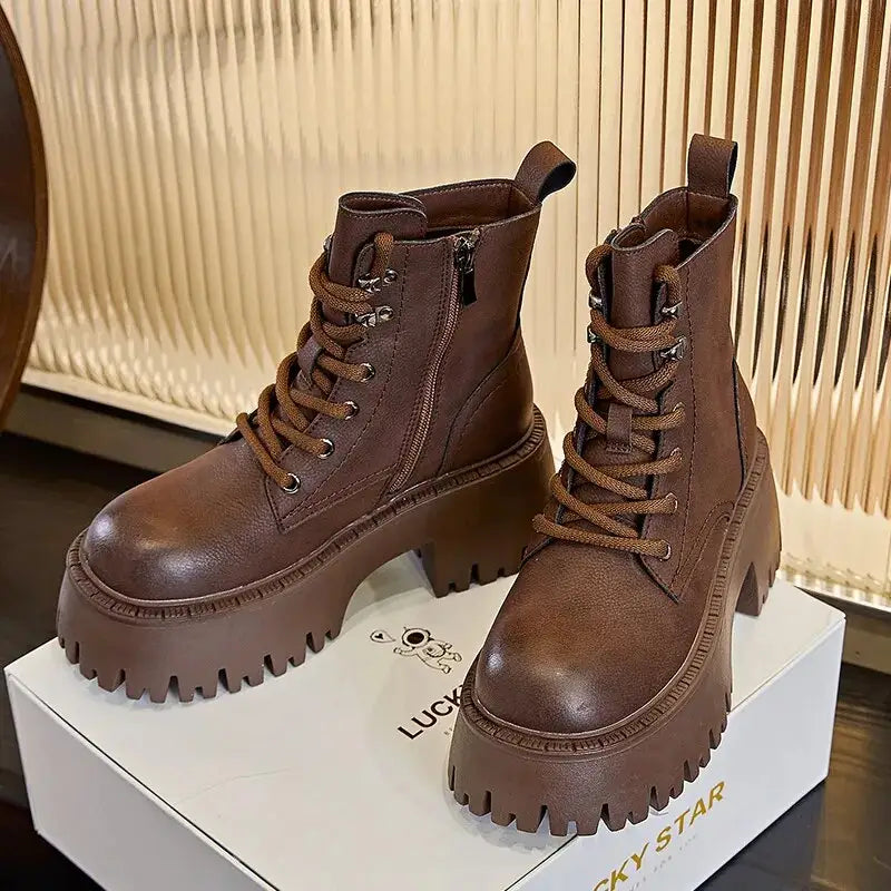 High Thick Sole Lace Up Ankle Round Toe Boots