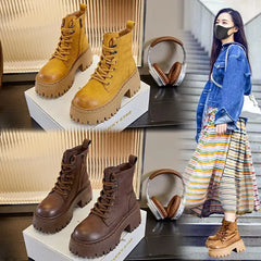 High Thick Sole Lace Up Ankle Round Toe Boots