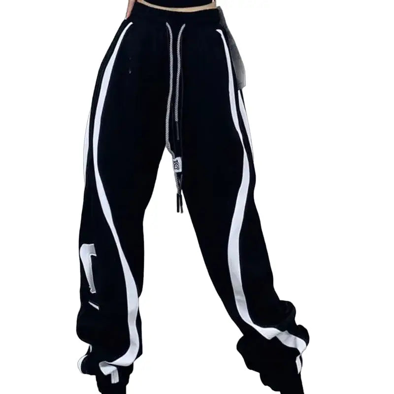 High Waist Black Jogging Sweatpants with Side Stripes - S