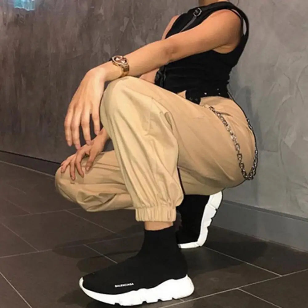 High Waist Chain Hip-Pop Combat Cargo Harem Pants