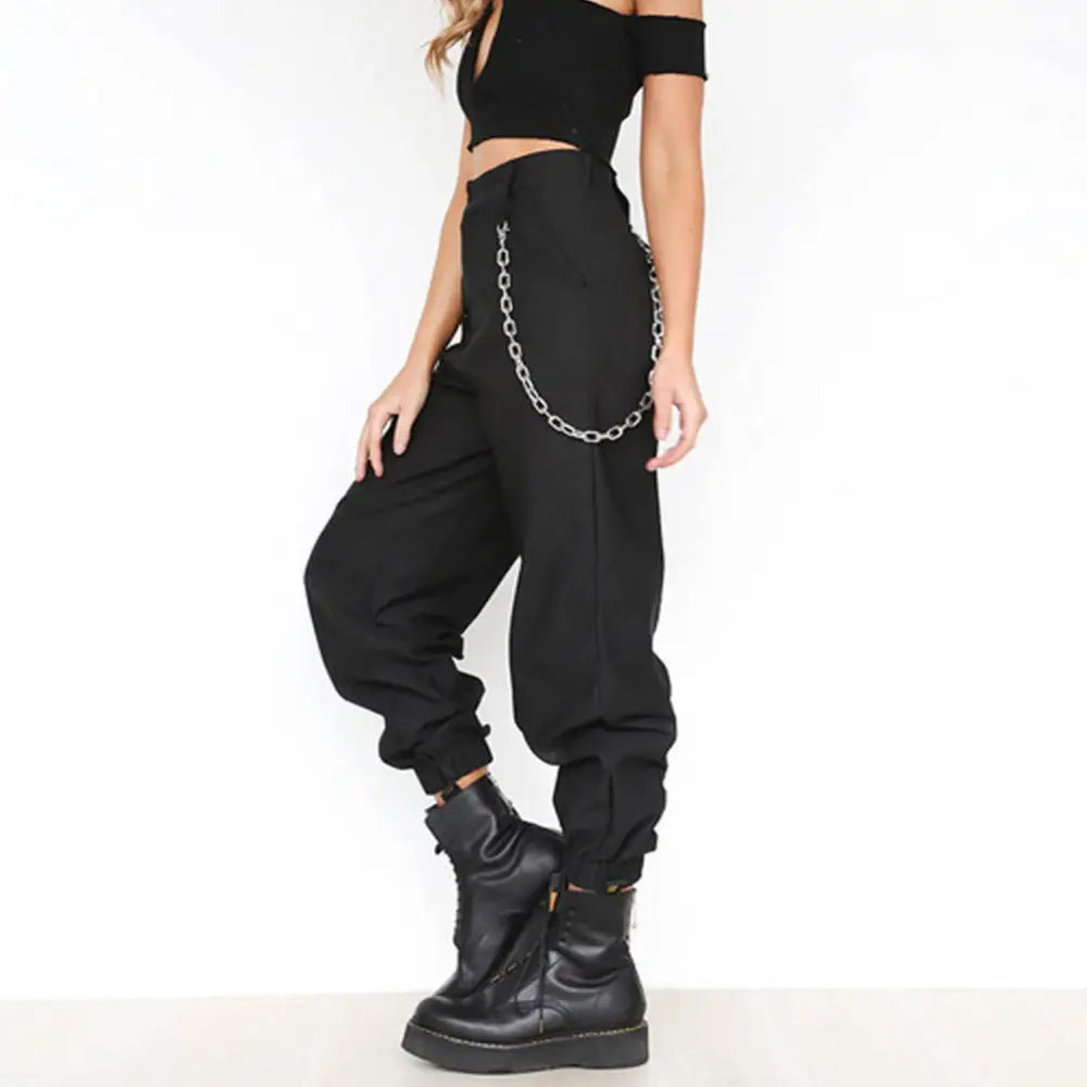 High Waist Chain Hip-Pop Combat Cargo Harem Pants - black
