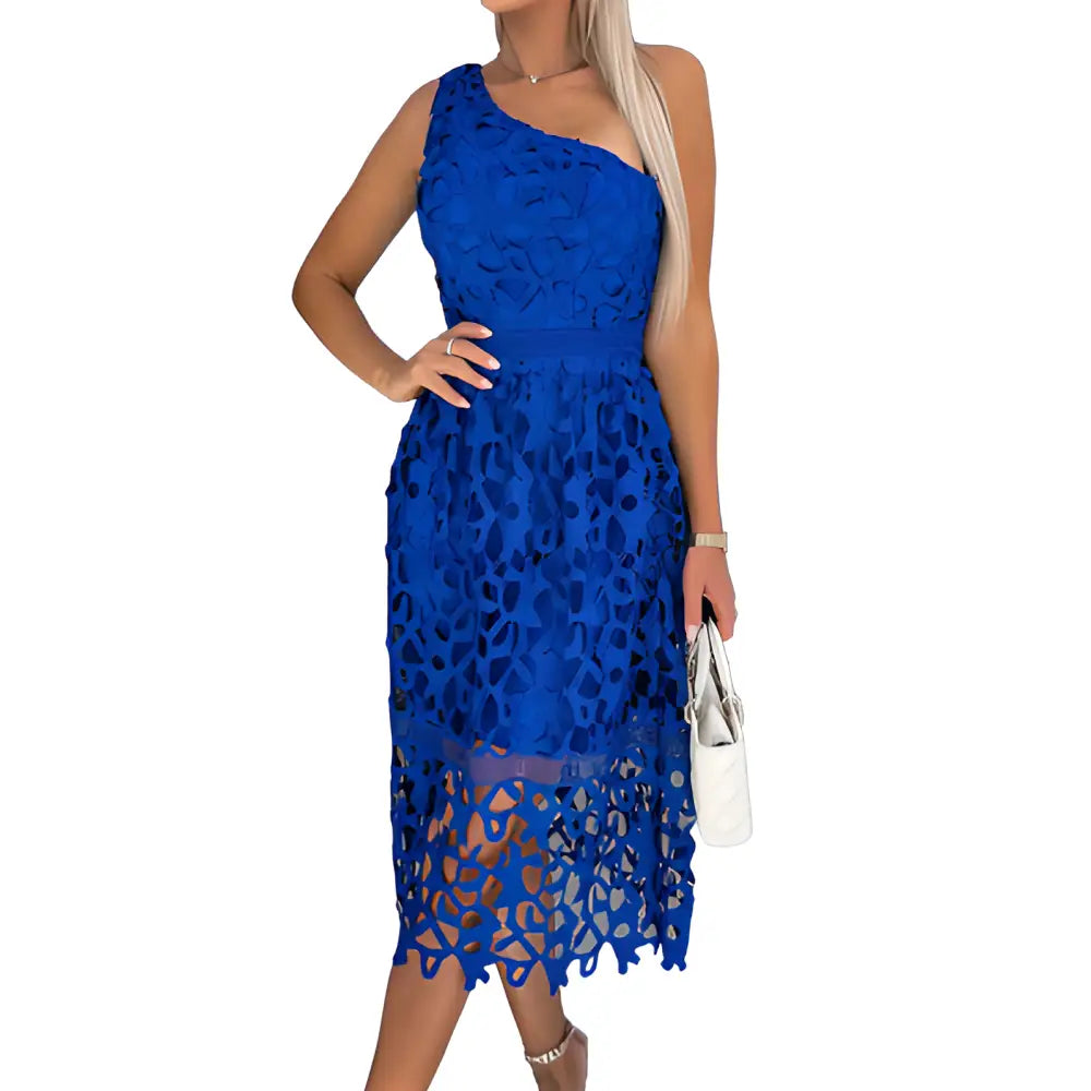 High Waist Chic Lace Diagonal Collar Backless Dress Blue / S