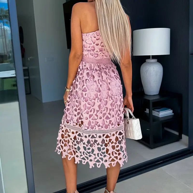 High Waist Chic Lace Diagonal Collar Backless Dress