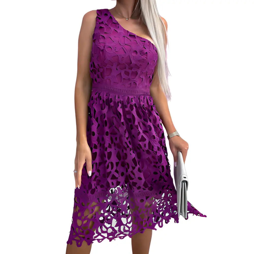 High Waist Chic Lace Diagonal Collar Backless Dress Purple