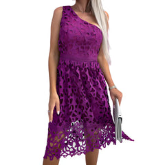 High Waist Chic Lace Diagonal Collar Backless Dress Purple