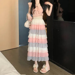 High-Waist Chiffon Tiered Long Skirt