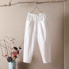 High Waist Elastic Ankle Length Baggy Harem Pants - White