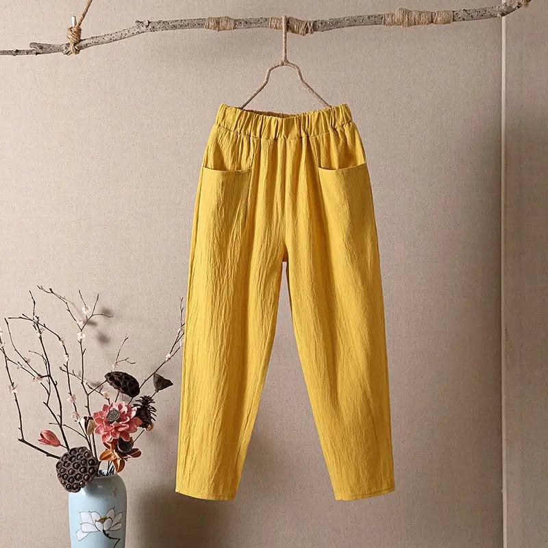 High Waist Elastic Ankle Length Baggy Harem Pants - Yellow