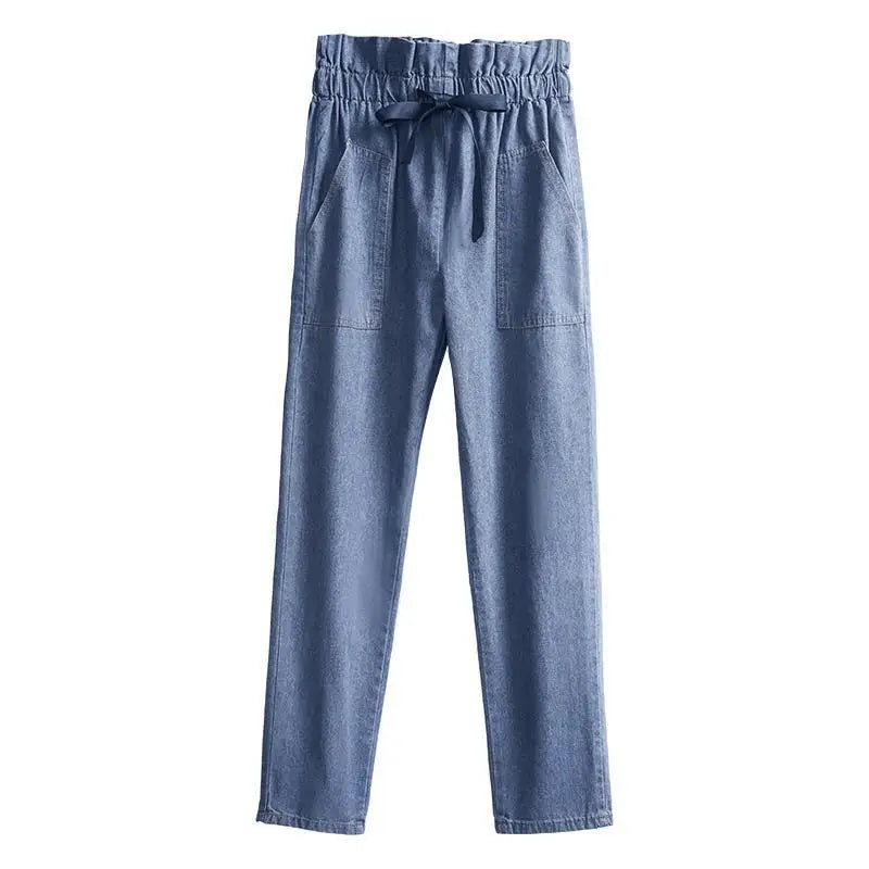 High Waist Elastic Lace Up Jeans - Pants