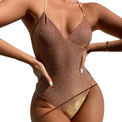 High Waist Glittering Rhinestone Swimwear Set Beige 1 Piece