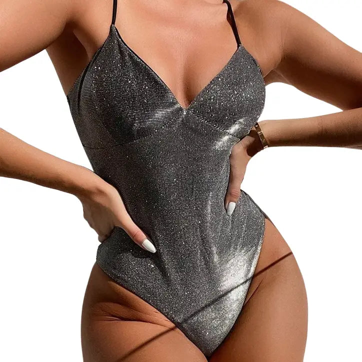 High Waist Glittering Rhinestone Swimwear Set Grey 1 Piece