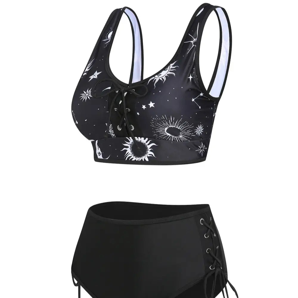 High Waist Gothic Celestial Sun Moon Print Swimwear Black