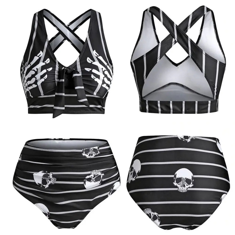 High Waist Hand Skeleton Skull Cross Strap Bikini
