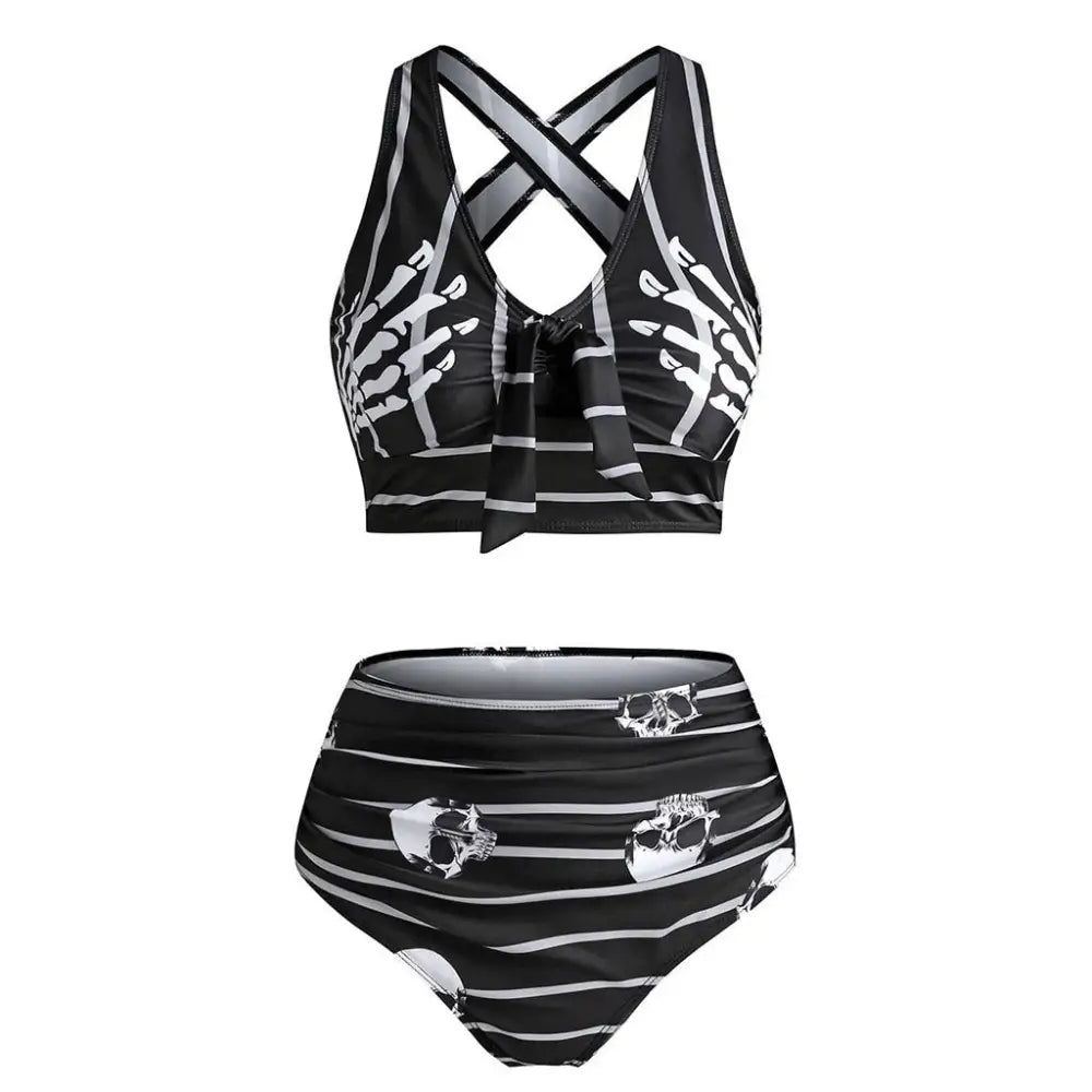 High Waist Hand Skeleton Skull Cross Strap Bikini Black / S