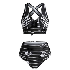 High Waist Hand Skeleton Skull Cross Strap Bikini Black / S