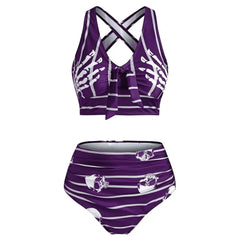 High Waist Hand Skeleton Skull Cross Strap Bikini Purple / S