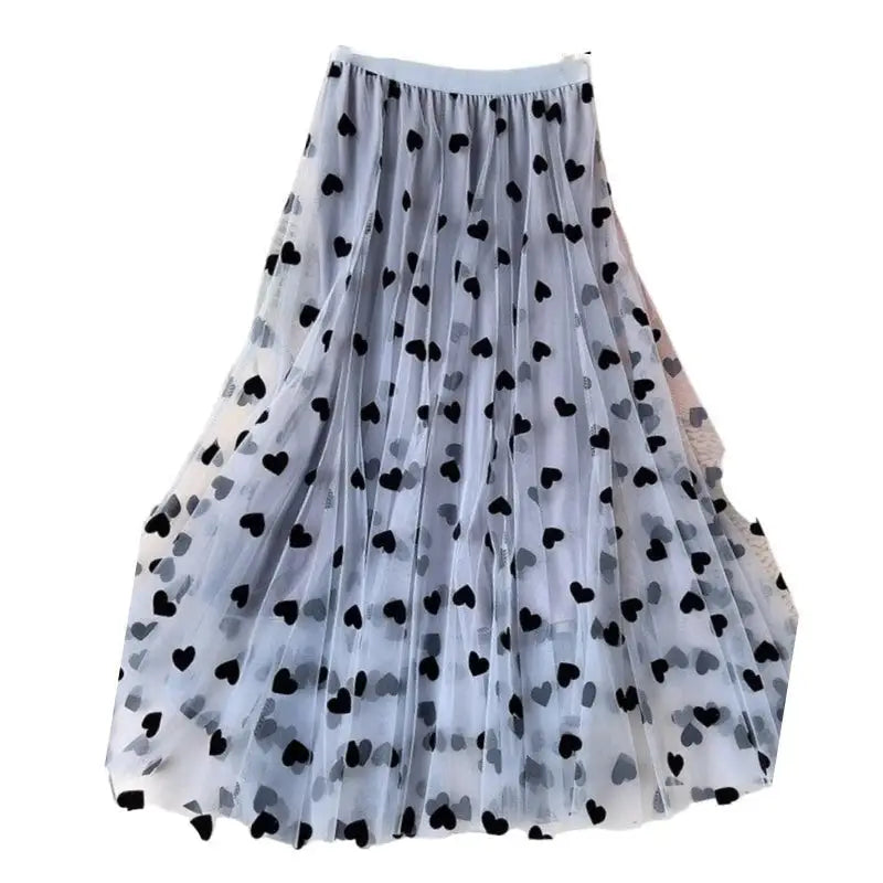 High Waist Heart Flocking Mesh Big Hem Tulle Skirt Blue