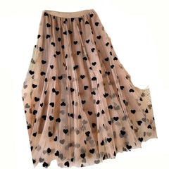 High Waist Heart Flocking Mesh Big Hem Tulle Skirt Khaki