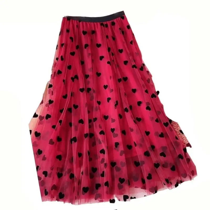 High Waist Heart Flocking Mesh Big Hem Tulle Skirt Red