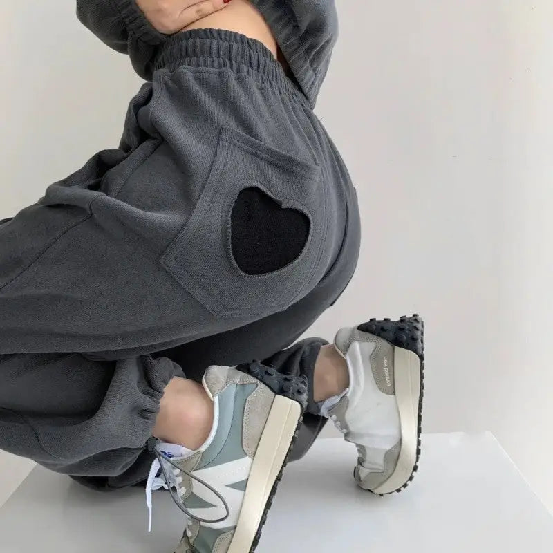 High Waist Heart Solid Color Baggy Sweatpants