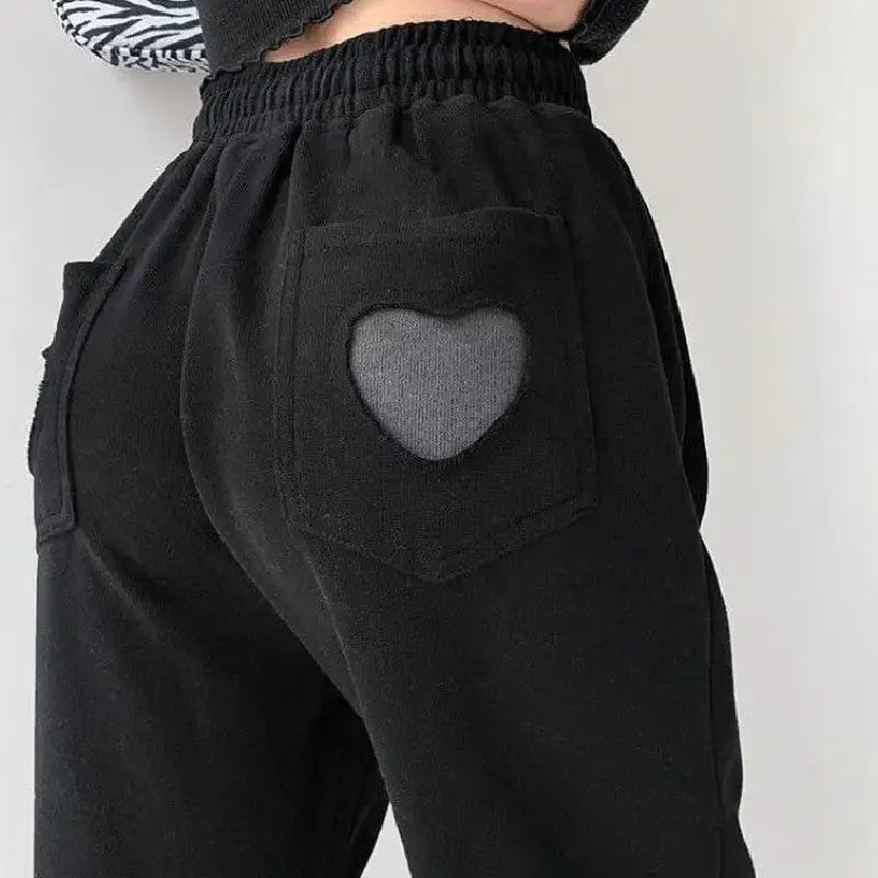 High Waist Heart Solid Color Baggy Sweatpants Black / S