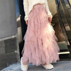 High Waist Irregular Tutu Elastic Long Tulle Skirt