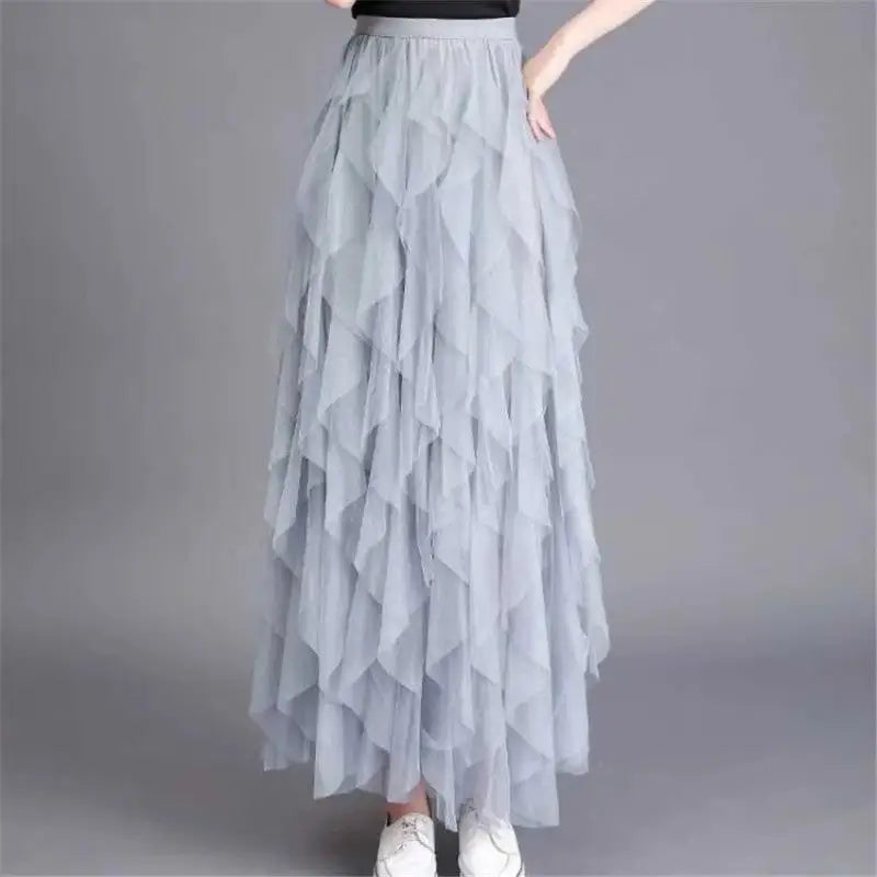 High Waist Irregular Tutu Elastic Long Tulle Skirt