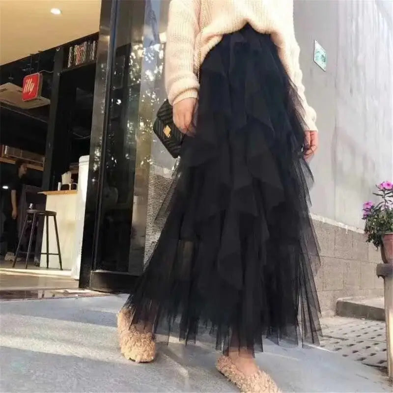 High Waist Irregular Tutu Elastic Long Tulle Skirt