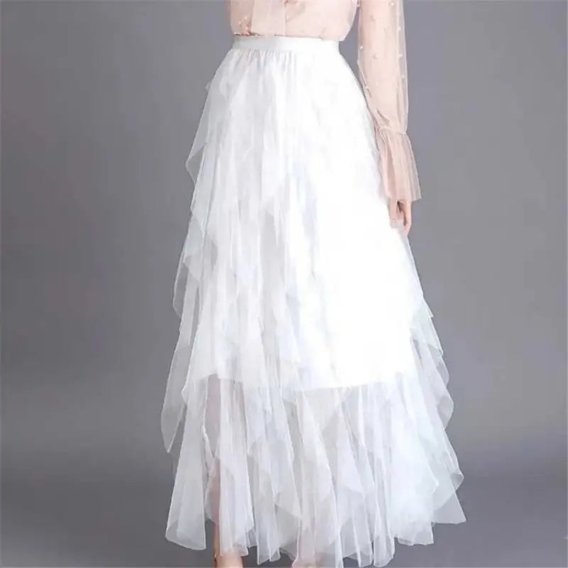 High Waist Irregular Tutu Elastic Long Tulle Skirt
