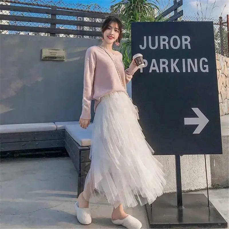 High Waist Irregular Tutu Elastic Long Tulle Skirt