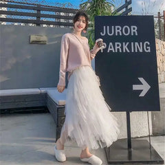 High Waist Irregular Tutu Elastic Long Tulle Skirt