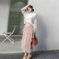 High Waist Irregular Tutu Elastic Long Tulle Skirt
