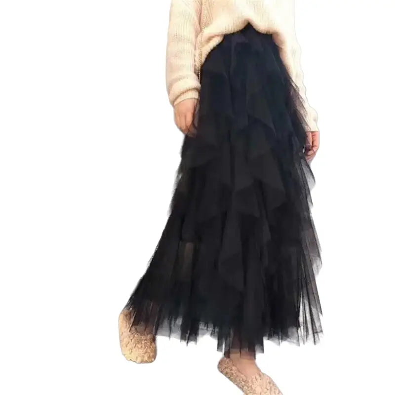 High Waist Irregular Tutu Elastic Long Tulle Skirt Black / S