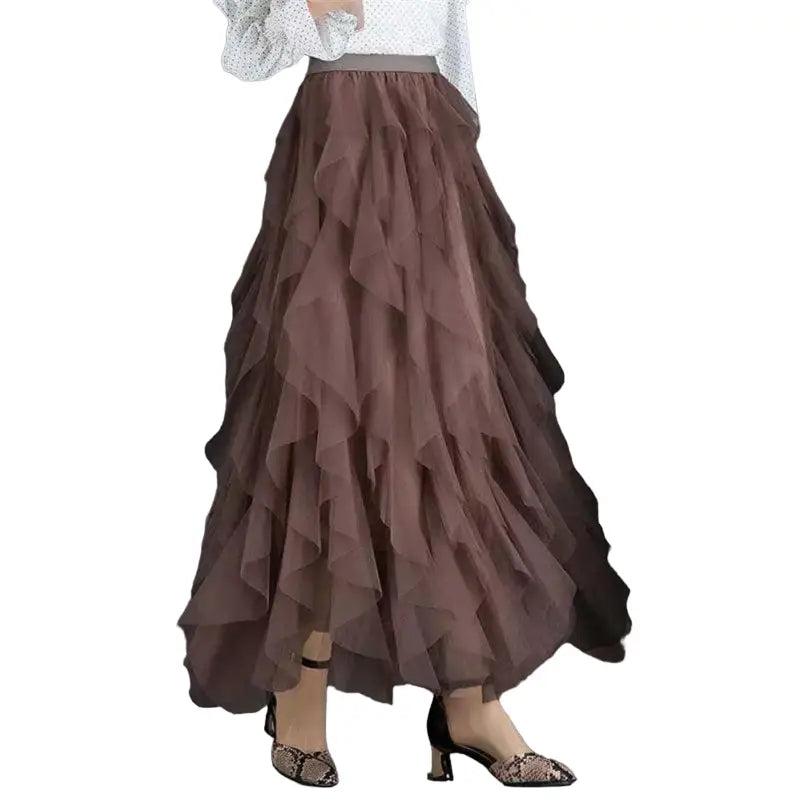 High Waist Irregular Tutu Elastic Long Tulle Skirt Brown / S