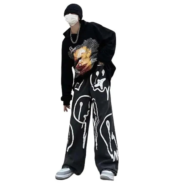 High Waist Melted Happy Faces Jeans Black / S