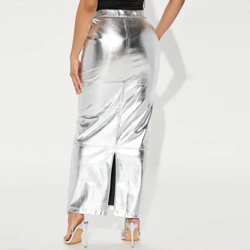 High Waist Metallic Sparkly Slit Long Skirt