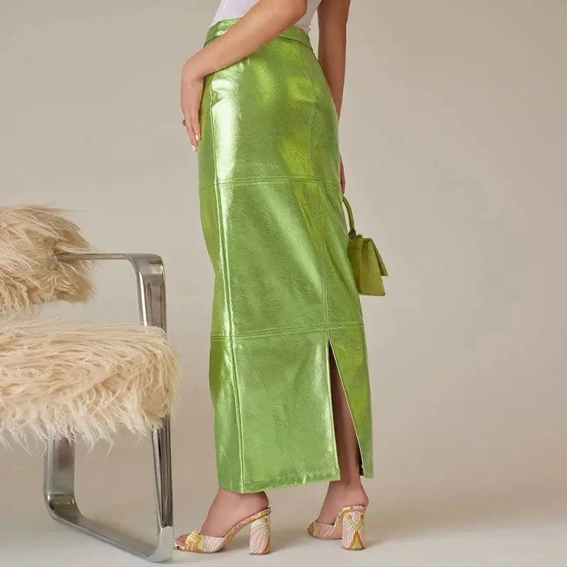 High Waist Metallic Sparkly Slit Long Skirt