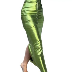 High Waist Metallic Sparkly Slit Long Skirt