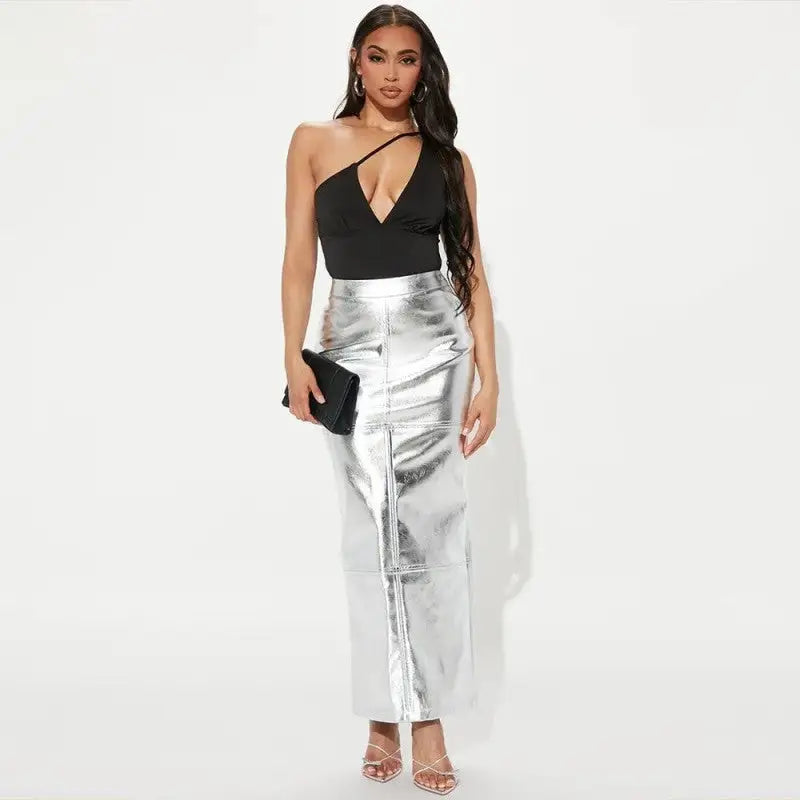 High Waist Metallic Sparkly Slit Long Skirt Silver / S