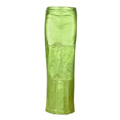 High Waist Metallic Sparkly Slit Long Skirts - Green / S