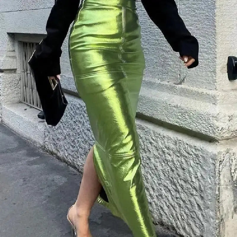High Waist Metallic Sparkly Slit Long Skirts - Skirt
