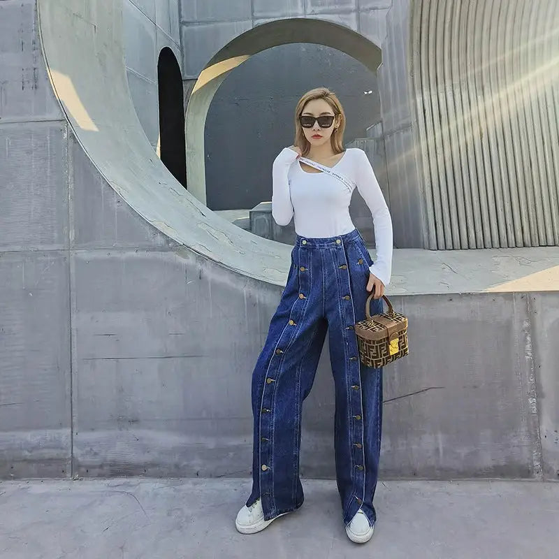 High Waist Multi-Button Jeans Pants for Women