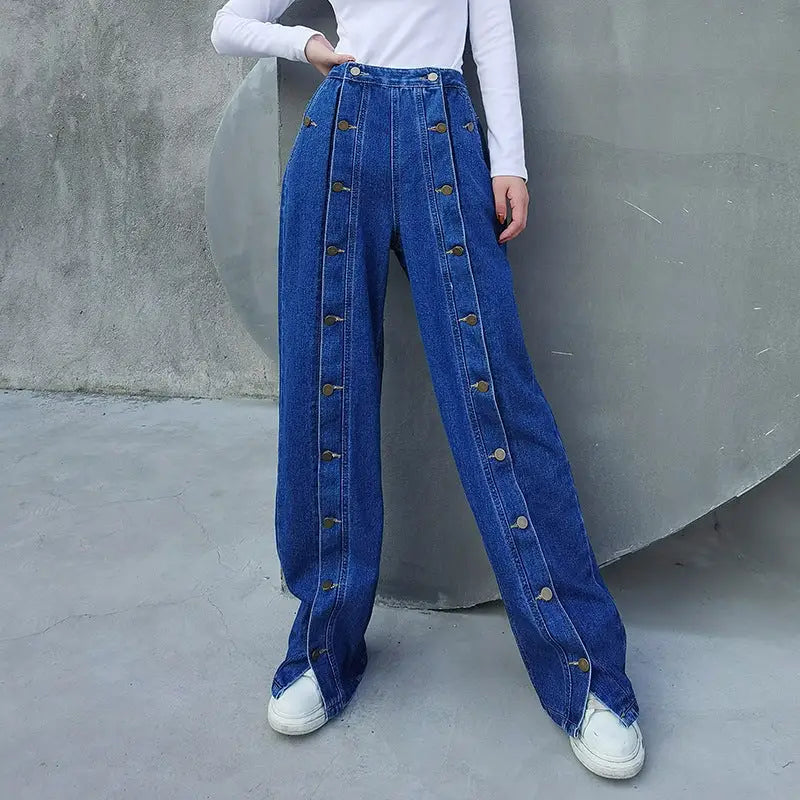 High Waist Multi-Button Jeans Pants for Women