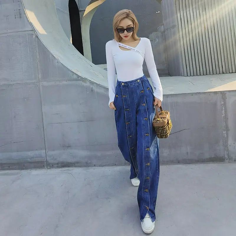 High Waist Multi-Button Jeans Pants for Women